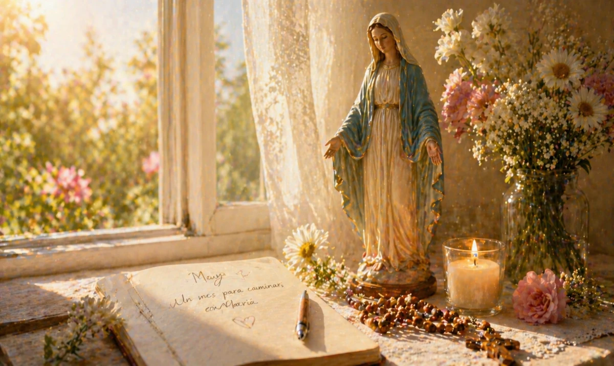 Escena ilustrada suave: un pequeño altar sencillo con flores frescas (tipo margaritas o flores de campo) junto a una imagen discreta de la Virgen. Luz de mañana entrando por una ventana. Ambiente de comienzo, frescura y devoción sencilla. Presencia mariana sutil en la escena.