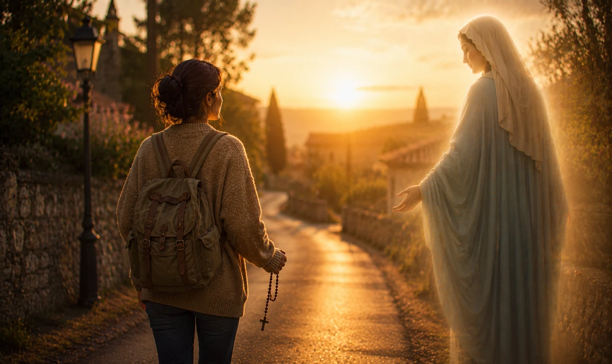 Oración a María Auxiliadora: Escena ilustrada suave: una persona caminando sola al amanecer por una calle tranquila o un sendero mientras sostiene un rosario entre las manos. La figura de María Auxiliadora aparece muy sutil acompañando desde la luz dorada del amanecer. Sensación de protección, compañía y esperanza en el camino.