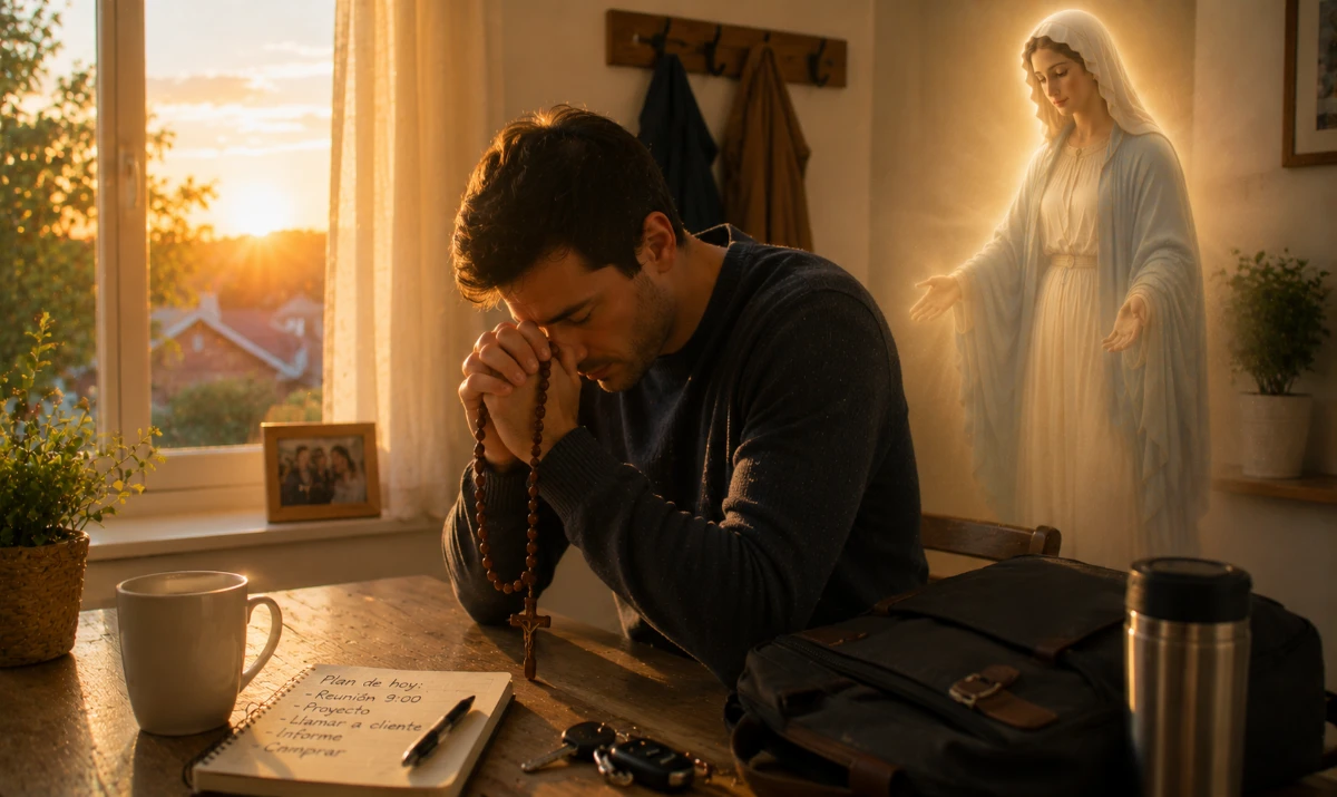 Oración a la Virgen María antes del trabajo: Escena ilustrada suave: una persona preparándose temprano antes de salir de casa, junto a una mesa con café, mochila o portátil y un rosario entre las manos. La luz suave del amanecer entra por la ventana mientras la presencia mariana aparece muy sutil integrada en la claridad del ambiente. Sensación de comienzo, rutina cotidiana y acompañamiento sereno.