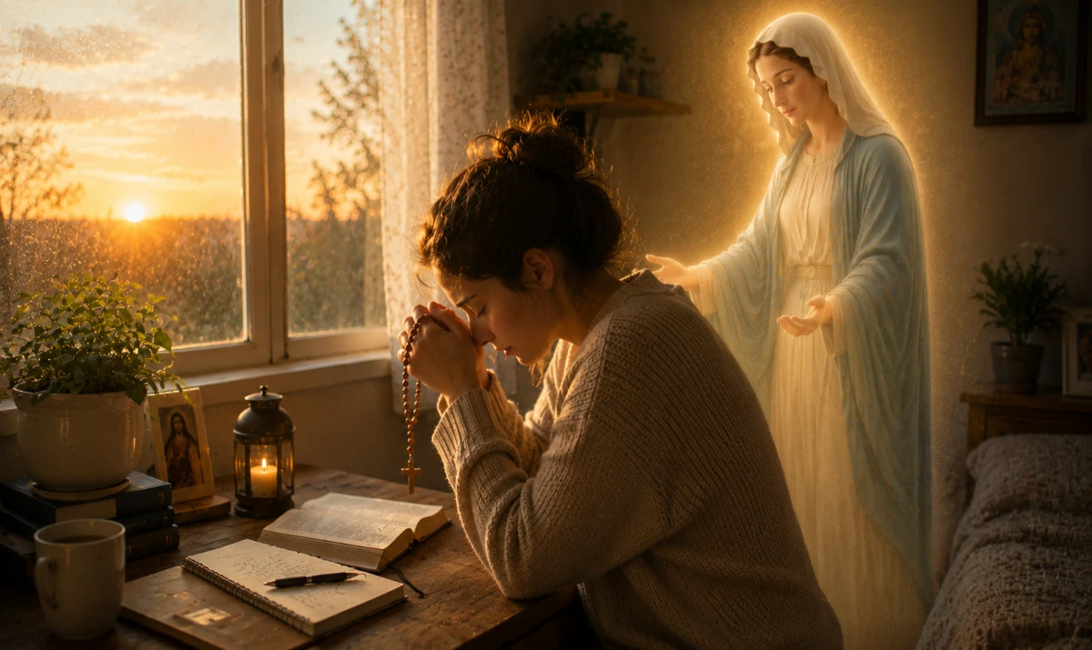 Oración a la Virgen María para perseverar en la oración: Escena ilustrada suave: una persona rezando sola al amanecer en una pequeña mesa sencilla con un rosario, una Biblia abierta y una vela apagándose lentamente. La luz cálida del nuevo día entra por la ventana mientras una presencia mariana muy sutil acompaña la escena. Sensación de fidelidad sencilla, silencio y perseverancia cotidiana.