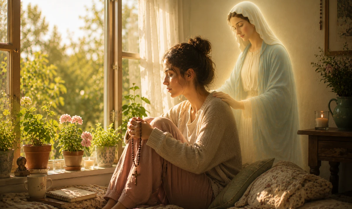 Oración a la Virgen María por la salud interior: Escena ilustrada suave: una persona sentada tranquilamente junto a una ventana abierta rodeada de plantas y luz natural suave de la mañana. Tiene un rosario entre las manos y expresión de cansancio sereno. La presencia mariana aparece muy sutil integrada en la claridad y el ambiente. Sensación de descanso interior, paz y recuperación emocional.