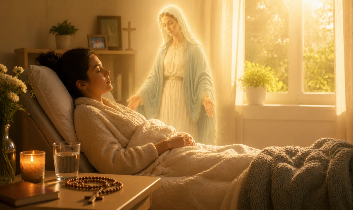 Oración a la Virgen María por la sanación del cuerpo: Escena ilustrada suave: una habitación tranquila iluminada por la luz suave de la mañana. Una persona descansando en una cama o sillón con una manta ligera, mientras una presencia mariana muy sutil y difuminada aparece en la luz cercana a la ventana. Sobre una mesa pequeña, un vaso de agua y un rosario sencillo. Sensación de cuidado, calma y acompañamiento.