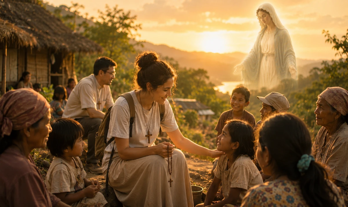 Oración a la Virgen María por los misioneros: Escena ilustrada suave: una pequeña comunidad reunida al aire libre al amanecer mientras un misionero o misionera camina entre personas sencillas llevando un rosario o una pequeña cruz. La presencia mariana aparece muy sutil integrada en la luz cálida del cielo. Sensación de servicio, cercanía y esperanza compartida.