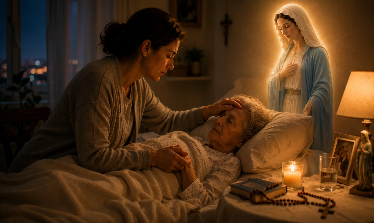 Oración a la Virgen María por los que cuidan enfermos: Escena ilustrada suave: una persona cuidando con ternura a un enfermo en una habitación tranquila durante la noche, acomodando una manta o sosteniendo una mano cansada. Sobre una pequeña mesa hay una vela tenue y un rosario. La presencia mariana aparece muy sutil integrada en la luz cálida del ambiente. Sensación de entrega silenciosa, cuidado y consuelo.
