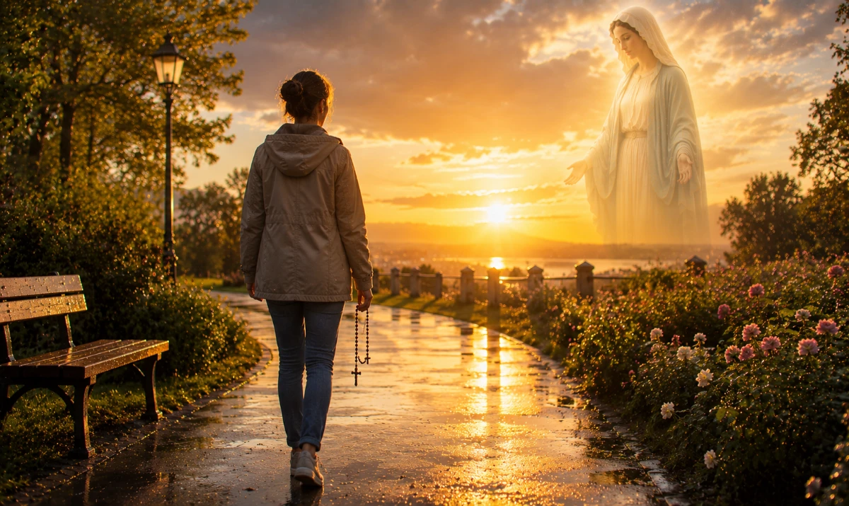 Oración a la Virgen María por un corazón esperanzado: Escena ilustrada suave: una persona caminando lentamente al amanecer por un parque o sendero tranquilo después de la lluvia, sosteniendo un rosario mientras el sol comienza a iluminar el cielo. La presencia mariana aparece muy sutil integrada en la luz cálida del horizonte. Sensación de esperanza renovada, calma y nuevo comienzo.