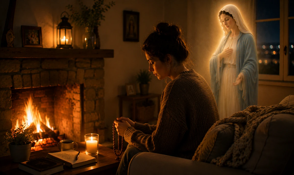 Oración a la Virgen María: del fuego interior: Escena ilustrada suave: una persona sentada junto a una pequeña vela o chimenea encendida durante la noche, sosteniendo un rosario mientras observa la llama en silencio. La presencia mariana aparece muy sutil integrada en la luz cálida del fuego. Sensación de esperanza que vuelve poco a poco, recogimiento y renovación interior.