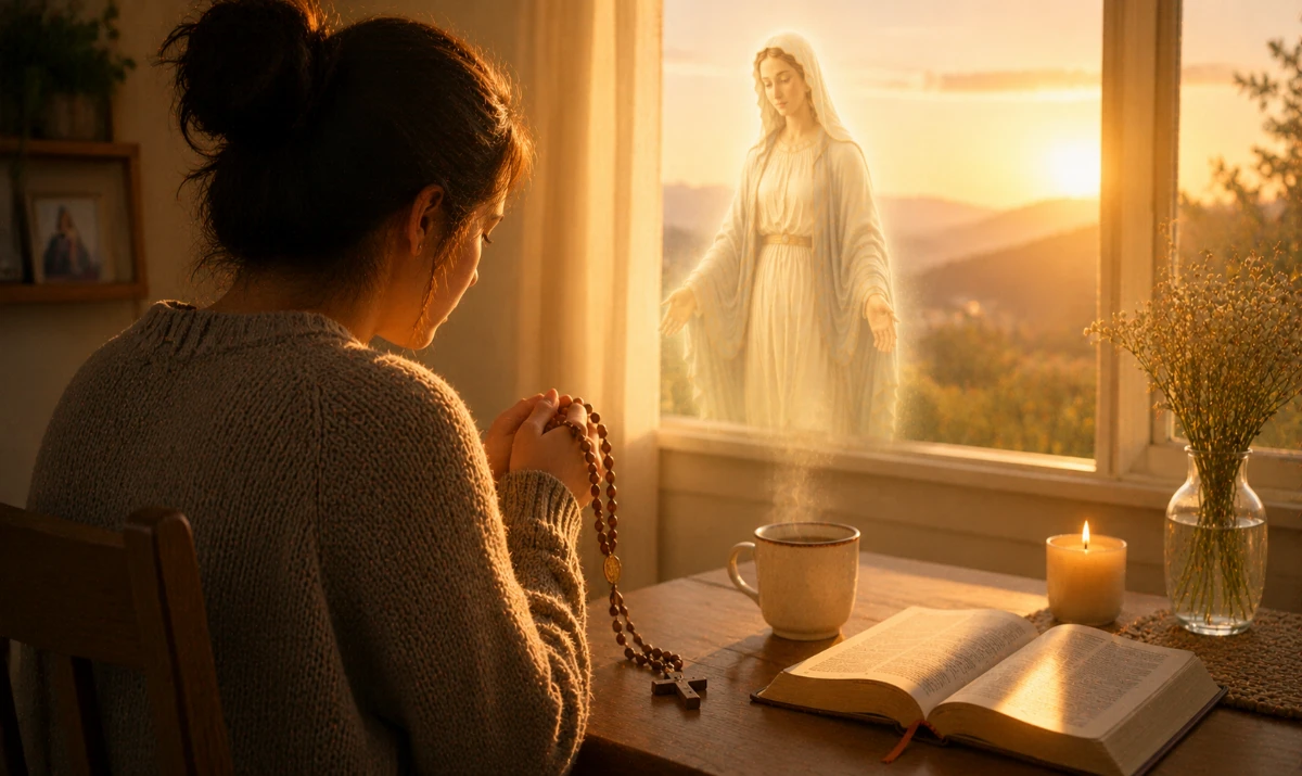 Oración a la Virgen del Rosario para fortalecer la oración diaria: Escena ilustrada suave: una mesa sencilla al amanecer con un rosario entre las manos de una persona sentada en silencio. Una taza humeante y una Biblia abierta acompañan la escena. Luz cálida entrando por la ventana. Presencia mariana muy sutil integrada en la claridad del amanecer. Sensación de constancia, calma y comienzo diario.