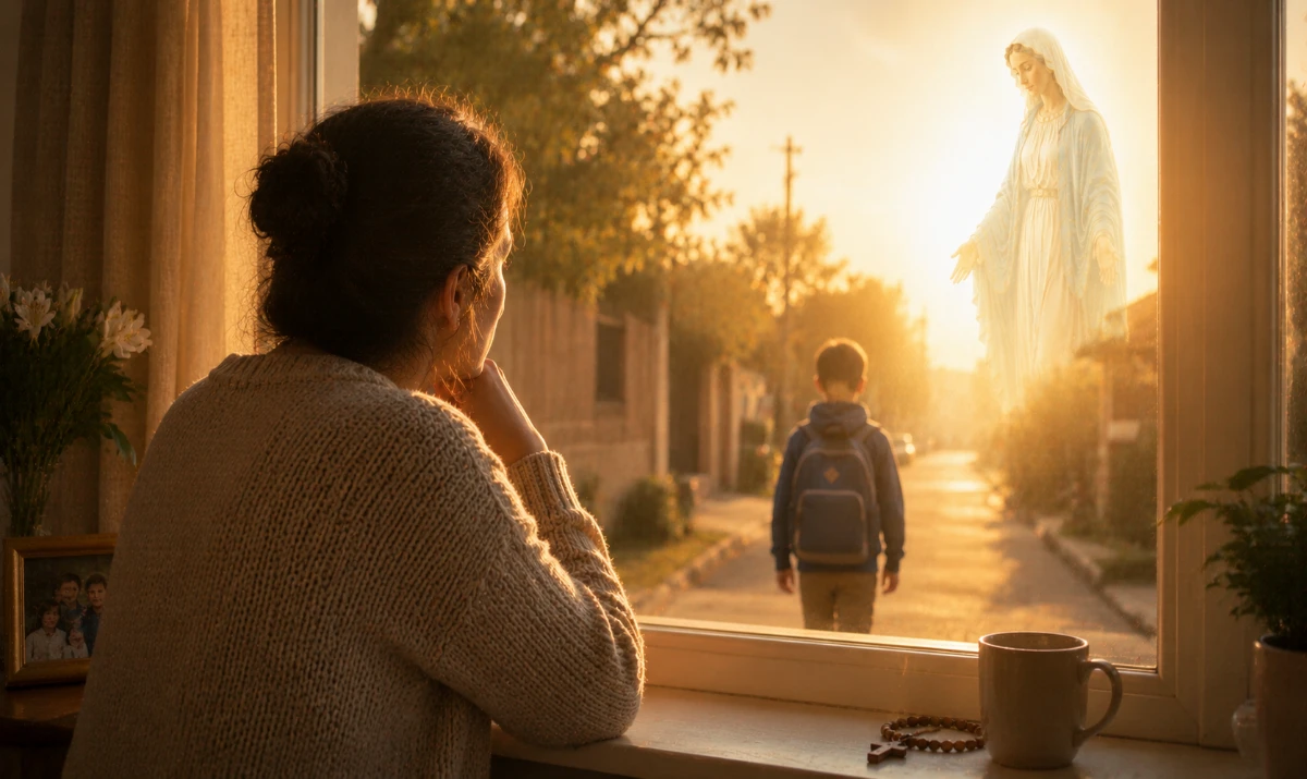 Virgen María, cuida a mis hijos: Escena ilustrada suave: una madre o padre observando desde una ventana cómo un hijo se aleja caminando hacia la escuela o hacia la vida cotidiana. Luz cálida de mañana. La presencia mariana aparece muy sutil en la claridad que acompaña el camino. Sensación de cuidado, amor silencioso y confianza.