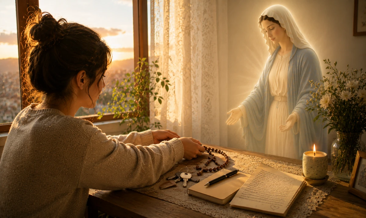 Virgen María enséñame a ofrecerlo todo: Escena ilustrada suave: una persona dejando suavemente un rosario, unas llaves, una libreta y una carta sobre una pequeña mesa junto a una vela encendida. La luz cálida del amanecer ilumina la escena mientras la presencia mariana aparece muy sutil integrada en la claridad. Sensación de entrega, confianza y paz interior.