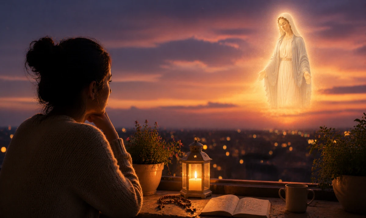 Virgen María, guarda mi esperanza viva: Escena ilustrada suave: una pequeña vela encendida en una ventana al anochecer mientras fuera comienza a oscurecer. Una persona observa la luz en silencio. La presencia mariana aparece muy sutil integrada en el resplandor cálido de la vela y el cielo. Sensación de esperanza tranquila, resistencia interior y calma.