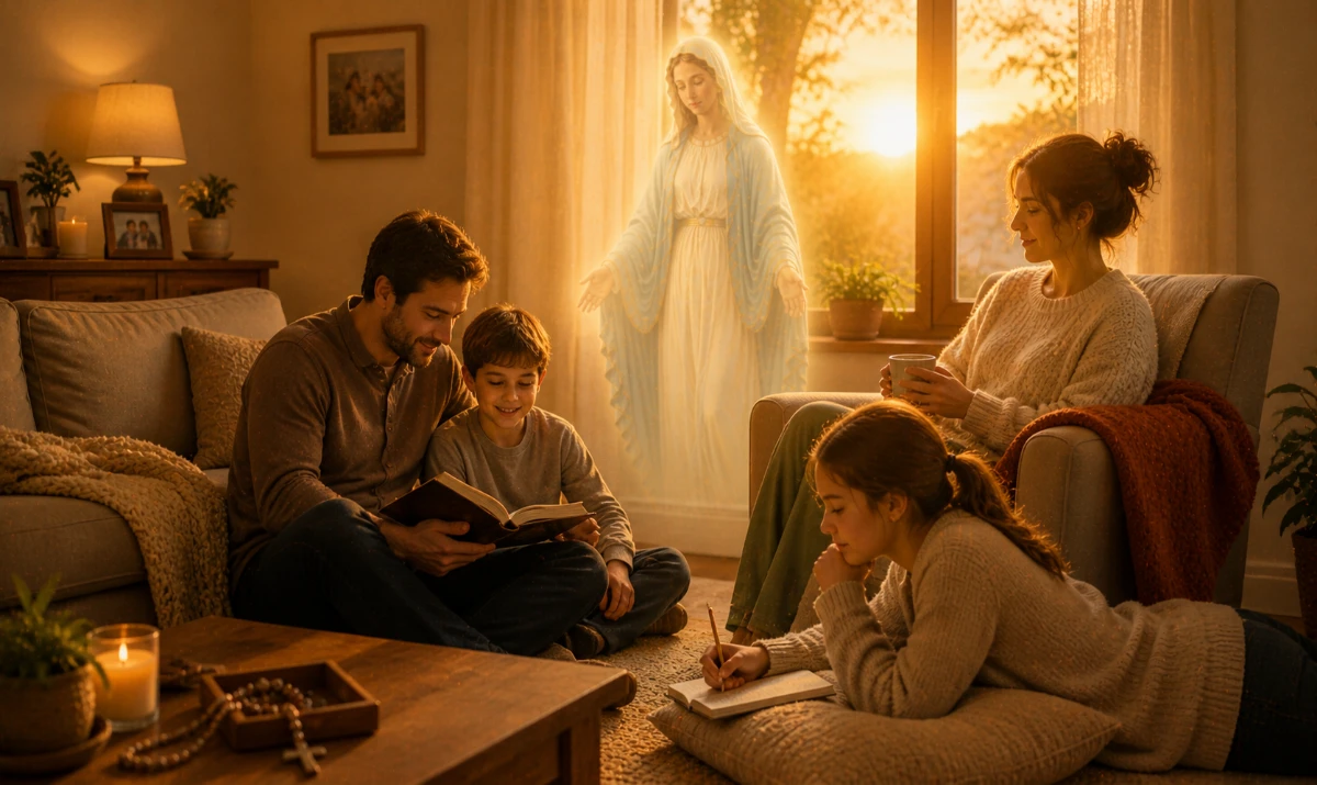 Virgen María, habita en mi familia. Escena ilustrada suave: un salón familiar al atardecer, con varias personas en momentos tranquilos (uno leyendo, otro descansando, otro en silencio). Luz cálida entrando por la ventana. Presencia mariana muy sutil y difuminada en la luz que envuelve el espacio. Sensación de hogar vivido, no perfecto, pero acompañado.