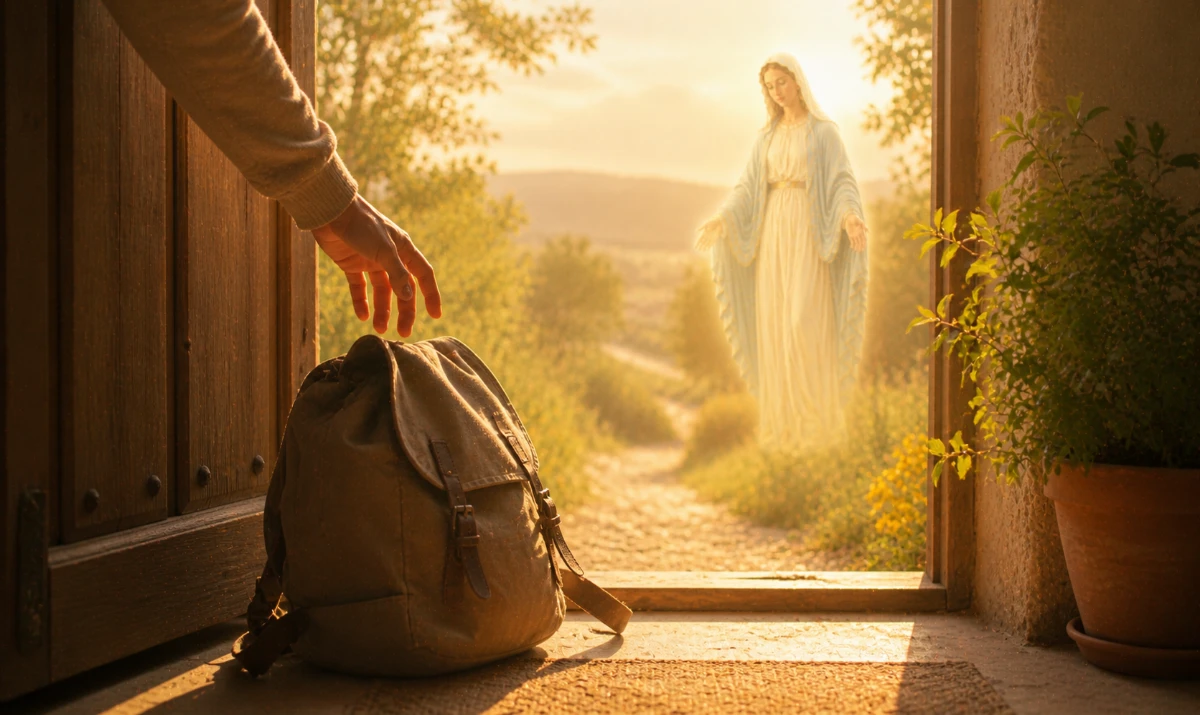 Virgen María, haz sencillo lo que hoy me pesa. Escena ilustrada suave: una mochila o bolsa apoyada en el suelo junto a una puerta abierta por donde entra luz de mañana. A su lado, una mano soltando suavemente la correa. Presencia mariana muy sutil en la luz. Sensación de alivio, soltar y comenzar.