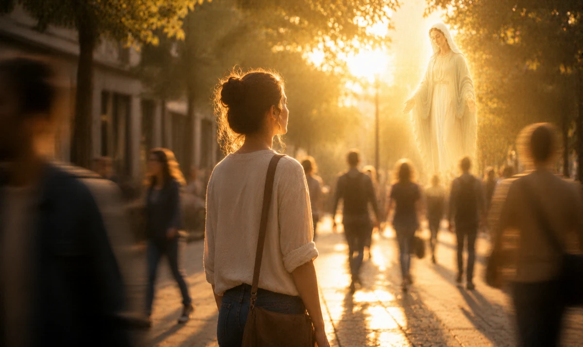 Virgen María recuérdame lo importante hoy: Escena ilustrada suave: una persona detenida unos segundos en medio de una mañana ocupada, mirando la luz que entra entre árboles o edificios. A su alrededor, movimiento difuso de la ciudad o de la rutina diaria. La presencia mariana aparece muy sutil integrada en la luz. Sensación de pausa, claridad y regreso a lo esencial.