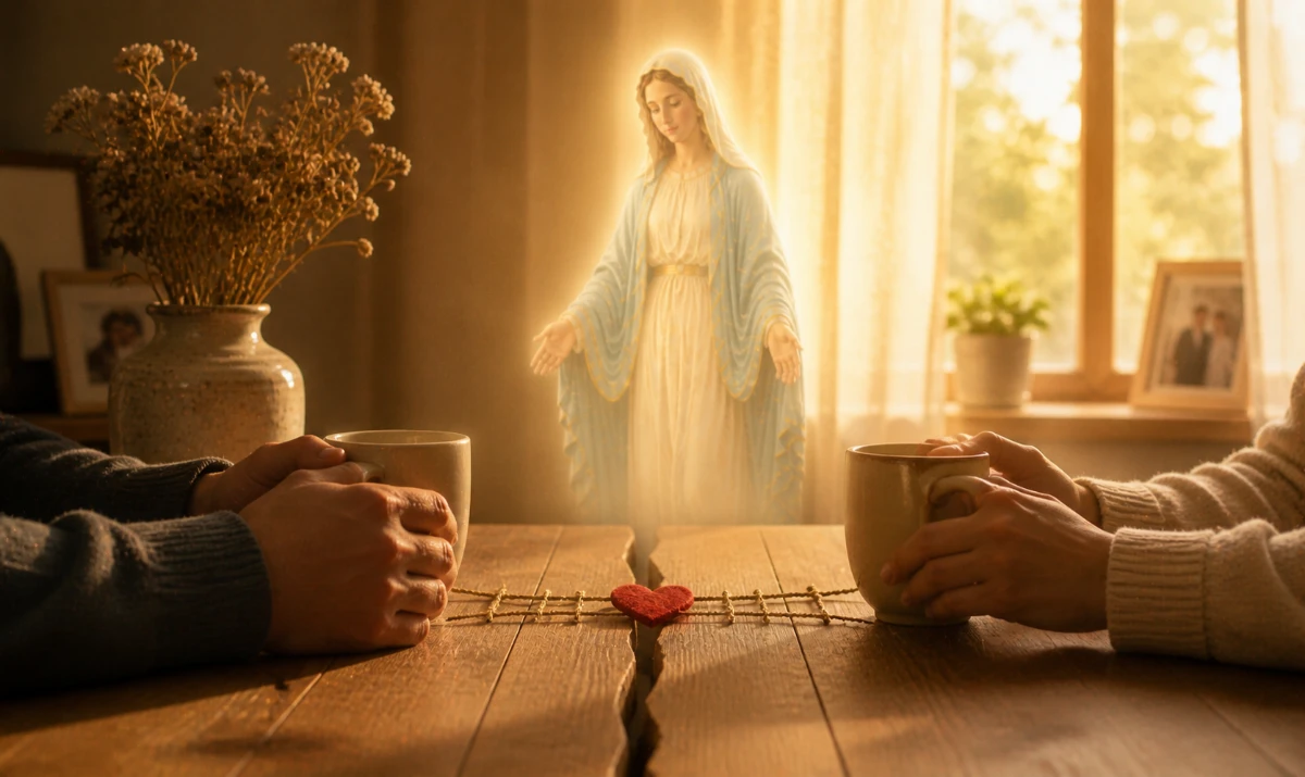 Virgen María sana lo que se ha enfriado. Escena ilustrada suave: una taza de café humeante sobre una mesa en una habitación tranquila, frente a otra taza intacta. Luz cálida entrando por una ventana. Sensación de pausa, distancia y posibilidad de reencuentro. Presencia mariana muy sutil en la luz.