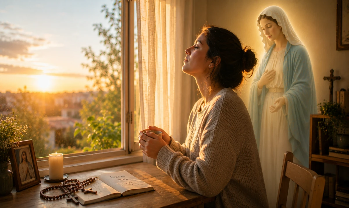 Virgen María, suaviza mi carácter hoy: Escena ilustrada suave: una persona respirando profundamente junto a una ventana abierta antes de comenzar el día, con un rosario sobre la mesa y luz cálida entrando al amanecer. La presencia mariana aparece muy sutil integrada en la claridad del ambiente. Sensación de calma, autocontrol y paz interior.