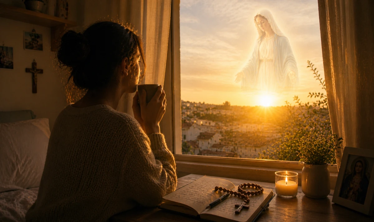 Escena ilustrada suave: unas manos abiertas recibiendo la luz del amanecer, con una ventana al fondo. Sobre una mesa cercana, un rosario sencillo. Presencia mariana muy sutil en la luz. Sensación de inicio, entrega y confianza.