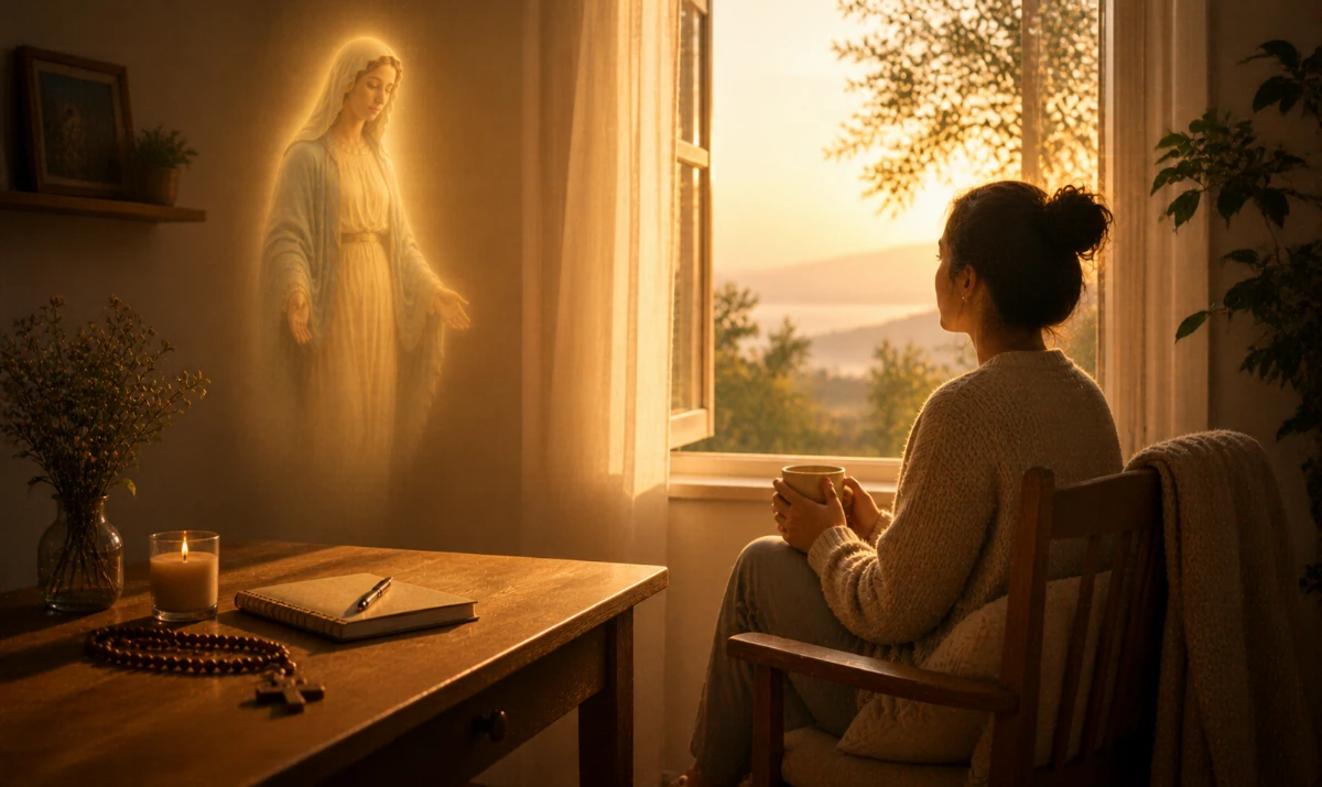 Virgen del silencio ordena mi interior: Escena ilustrada suave: una habitación sencilla al amanecer con una silla junto a una ventana abierta. Sobre una mesa cercana, un rosario y un cuaderno cerrado. Luz suave entrando en calma. Presencia mariana muy sutil en la luz. Sensación de silencio, orden y recogimiento.