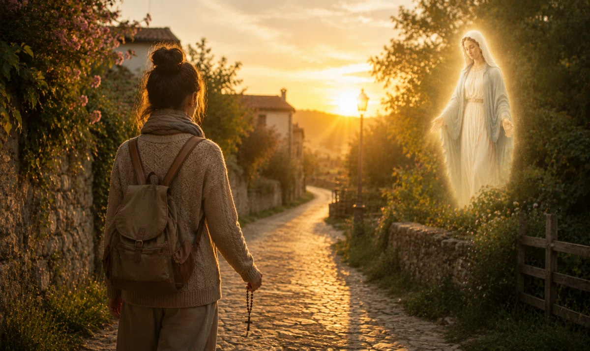 Virgen fiel, sostén mi constancia: Escena ilustrada suave: una persona caminando cada mañana por el mismo pequeño sendero o calle tranquila con un rosario en la mano. La luz suave del amanecer acompaña el recorrido. La presencia mariana aparece muy sutil integrada en la claridad del camino. Sensación de fidelidad sencilla, rutina serena y perseverancia cotidiana.