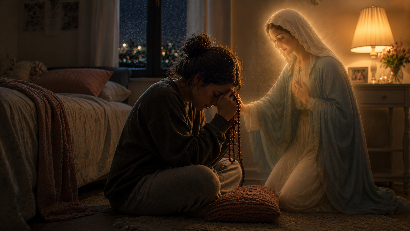 Virgen María Perdóname Madre, pero te necesito siempre: Escena ilustrada suave: una persona sentada en el suelo junto a la cama durante la noche, abrazando un rosario entre las manos mientras la luz cálida de una pequeña lámpara ilumina suavemente la habitación. La presencia mariana aparece muy sutil y cercana, como acompañando en silencio. Sensación de vulnerabilidad, refugio y amor maternal.