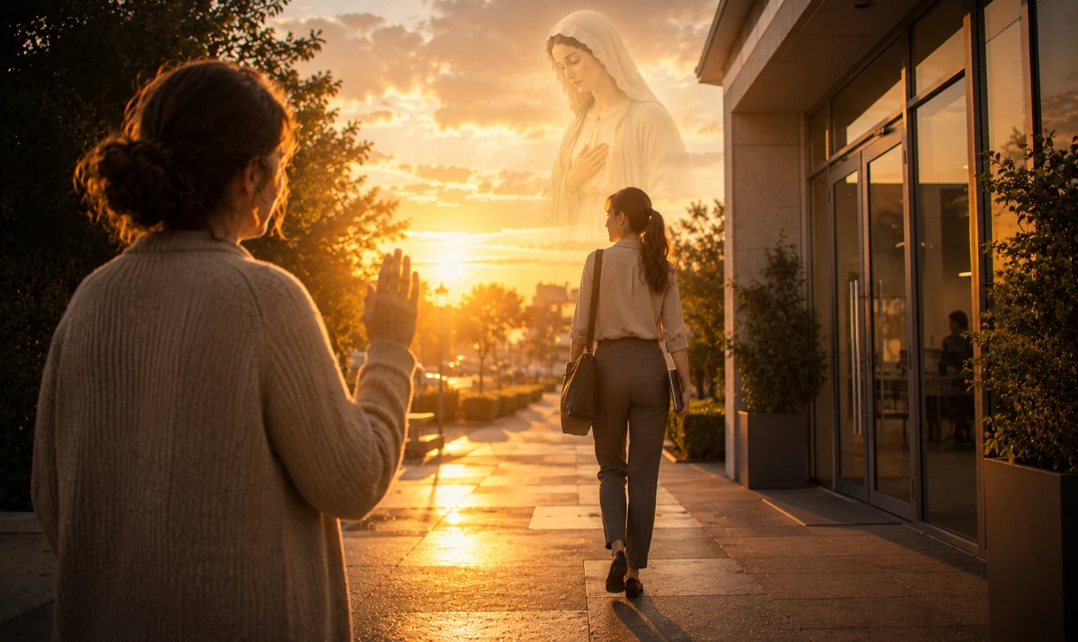 Oración a la Virgen María por mi hija en su primer día de trabajo: Una joven caminando hacia la entrada de su primer trabajo al amanecer, con una mochila o carpeta entre las manos. A cierta distancia, un padre o una madre la observa con emoción y discreción. La luz dorada del amanecer envuelve la escena mientras una presencia mariana muy sutil aparece integrada en la claridad del cielo. Estilo ilustración cálida, emotiva y esperanzadora.