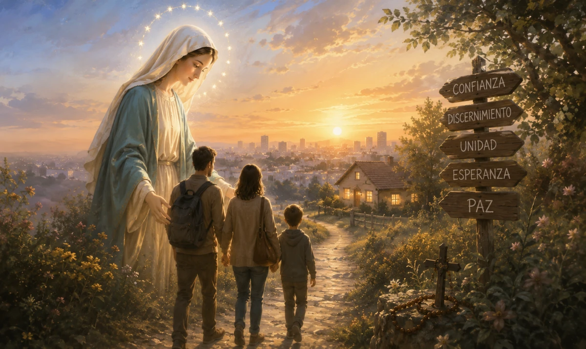 Camino hacia nuestro hogar. Un sendero tranquilo que avanza hacia una casa sencilla iluminada al fondo. En primer plano, una familia camina unida mientras una de las personas sostiene un rosario. La Virgen María aparece de forma delicada y luminosa acompañando el camino, sin imponerse sobre la escena. Ambiente mariano, sereno y esperanzador, estilo ilustración artística, sin texto y formato 16:9.