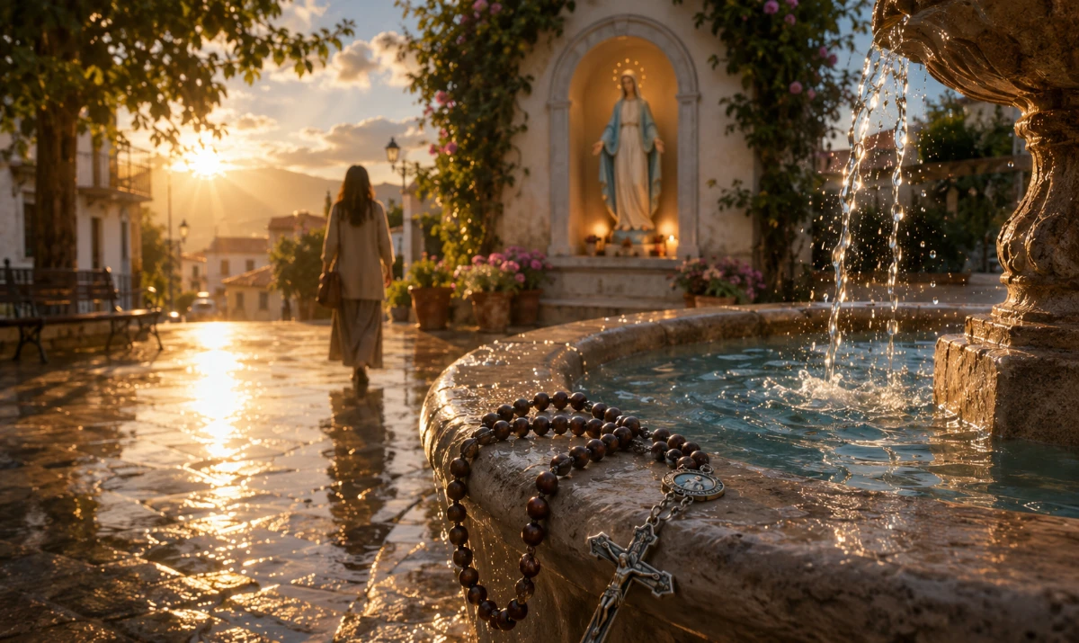 Oración a María, Madre de la Misericordia. Una escena completamente distinta: una plaza tranquila al amanecer después de una noche de lluvia. En el centro, una fuente de piedra de la que brota agua cristalina. Sobre el borde de la fuente descansa un rosario. A lo lejos, una persona camina serenamente hacia una pequeña imagen de la Virgen situada en una hornacina iluminada por la primera luz del día. La figura de María apenas se insinúa envuelta por un resplandor cálido que transmite acogida y misericordia. Ambiente de renovación, paz y esperanza.
