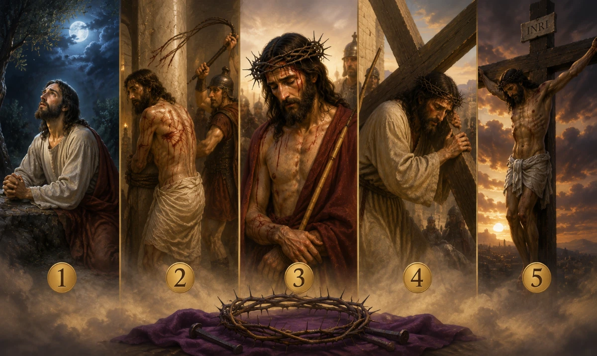 Ilustración de los cinco Misterios Dolorosos del Rosario: la Agonía de Jesús en el Huerto, la Flagelación, la Coronación de Espinas, Jesús con la Cruz a cuestas y la Crucifixión.