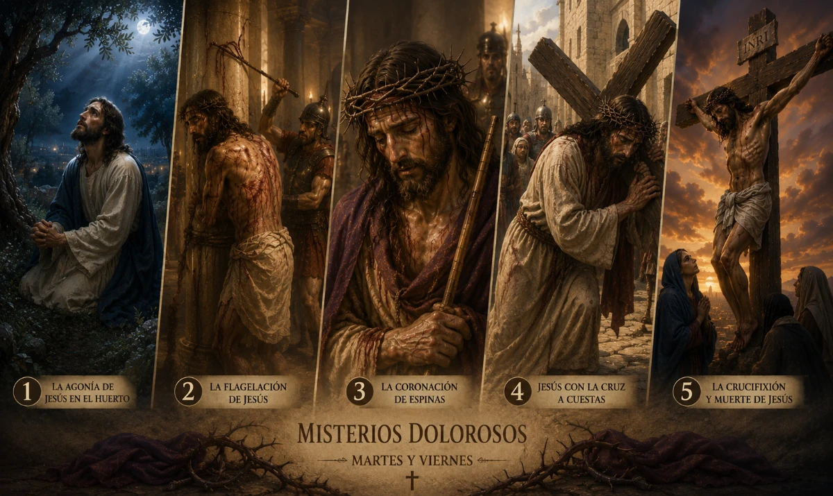 Ilustración de los Misterios Dolorosos del Rosario para el viernes con las cinco escenas de la Pasión de Jesucristo: Agonía en el Huerto, Flagelación, Coronación de Espinas, Camino de la Cruz y Crucifixión.