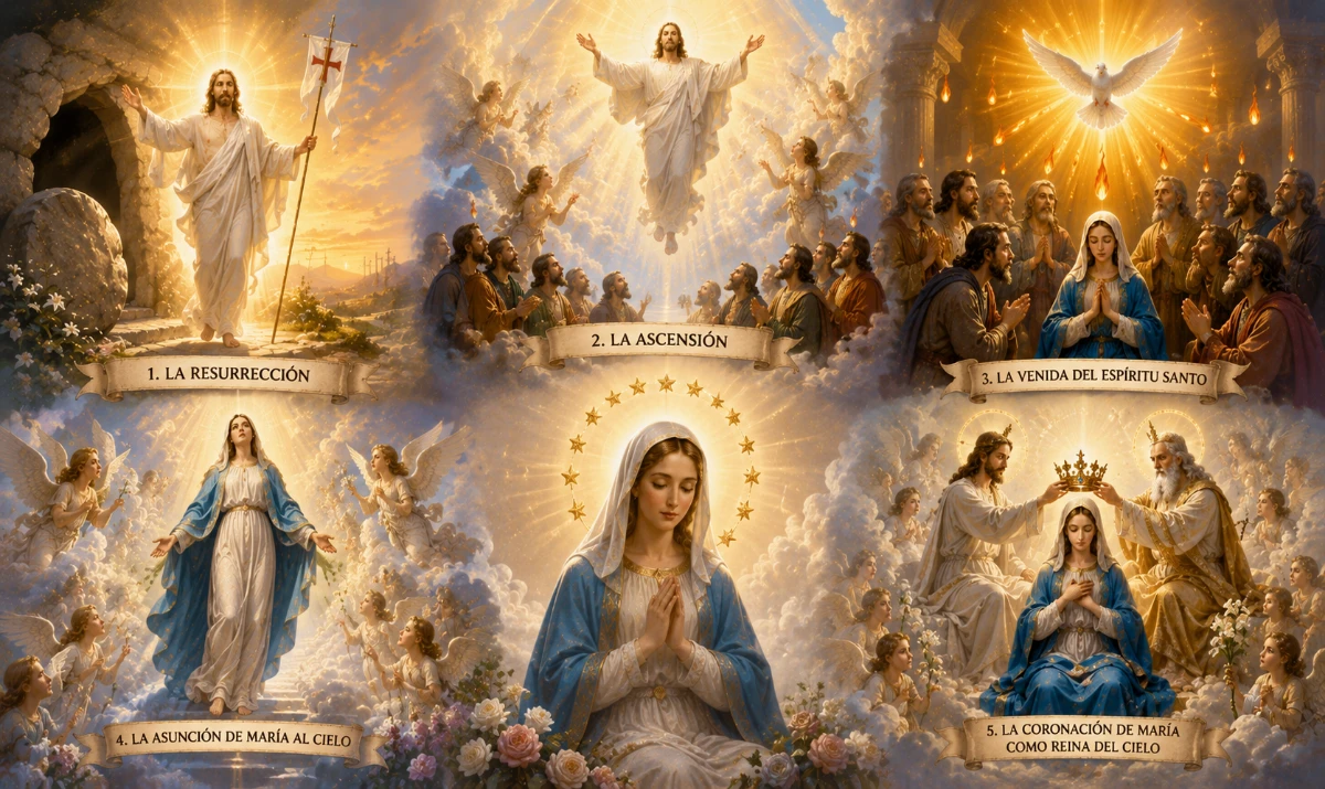 Ilustración de los Misterios Gloriosos del Rosario para el domingo... Ilustración de los Misterios Gloriosos del Rosario para el domingo con las cinco escenas de la gloria de Jesucristo y la glorificación de la Virgen María.