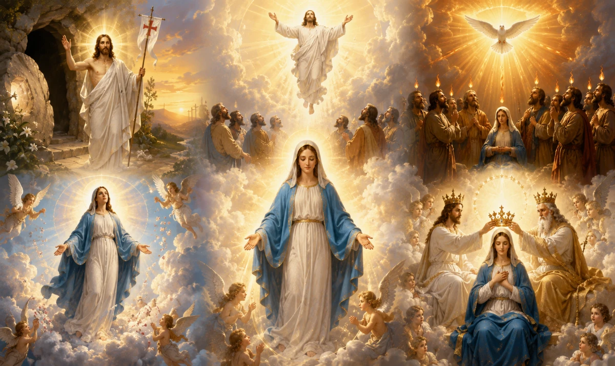 Ilustración de los cinco Misterios Gloriosos del Rosario... Ilustración de los cinco Misterios Gloriosos del Rosario: la Resurrección de Jesús, la Ascensión al Cielo, la Venida del Espíritu Santo, la Asunción de María y la Coronación de la Virgen como Reina del Cielo.