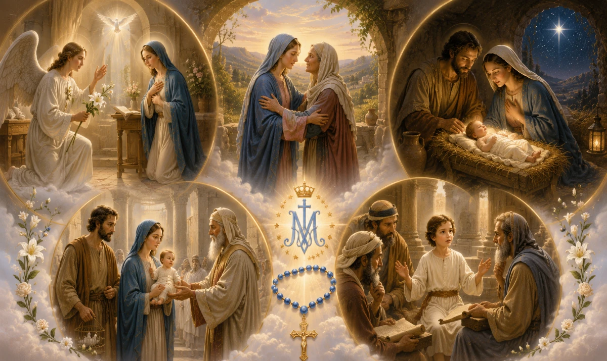 Ilustración de los cinco Misterios Gozosos del Rosario: la Anunciación, la Visitación, el Nacimiento de Jesús, la Presentación en el Templo y el Niño Jesús hallado en el Templo.
