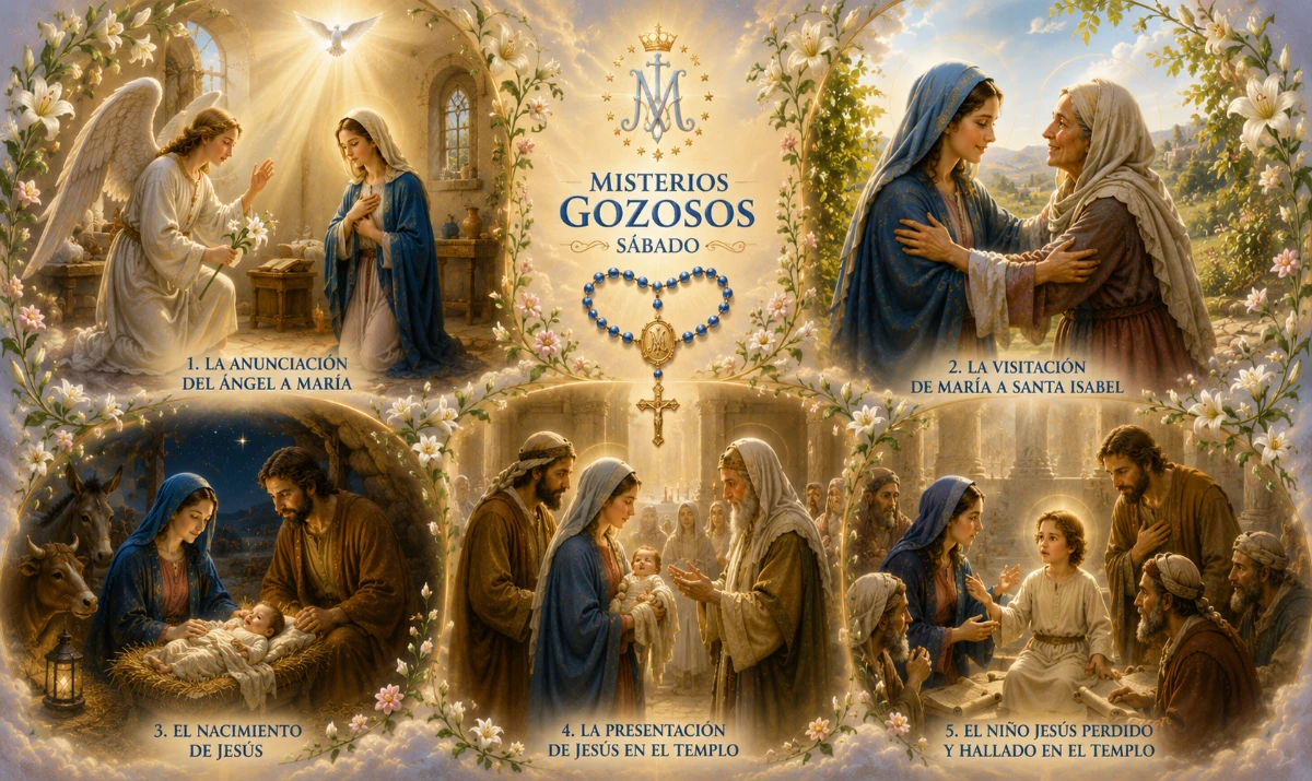 Ilustración de los Misterios Gozosos del Rosario para el sábado con las cinco escenas de la vida de Jesús y la Virgen María: Anunciación, Visitación, Nacimiento, Presentación en el Templo y Jesús hallado en el Templo.