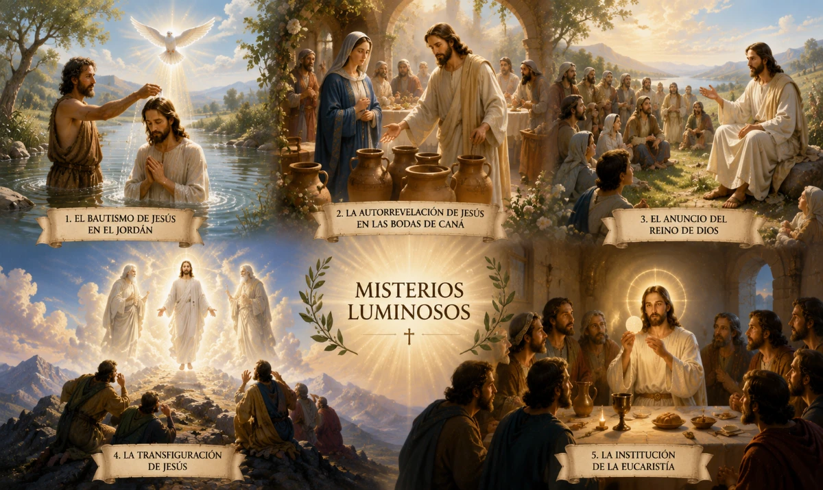 Ilustración de los cinco Misterios Luminosos del Rosario... Ilustración de los cinco Misterios Luminosos del Rosario: el Bautismo de Jesús en el Jordán, las Bodas de Caná, el Anuncio del Reino de Dios, la Transfiguración y la Institución de la Eucaristía.