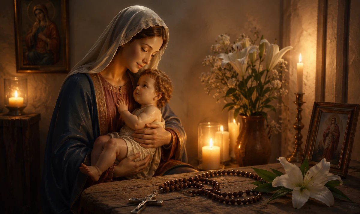 Oración a María, Madre de Cristo. Escena contemplativa y muy mariana, diferente a las anteriores: una pequeña capilla doméstica iluminada únicamente por la luz de varias velas. En el centro, una imagen de María sosteniendo amorosamente al Niño Jesús ya de unos pocos meses, mirándolo con ternura mientras Él la mira a ella. En primer plano, un rosario entrelazado sobre una mesa de madera junto a una flor blanca recién cortada. Ambiente íntimo, cálido y profundamente maternal.