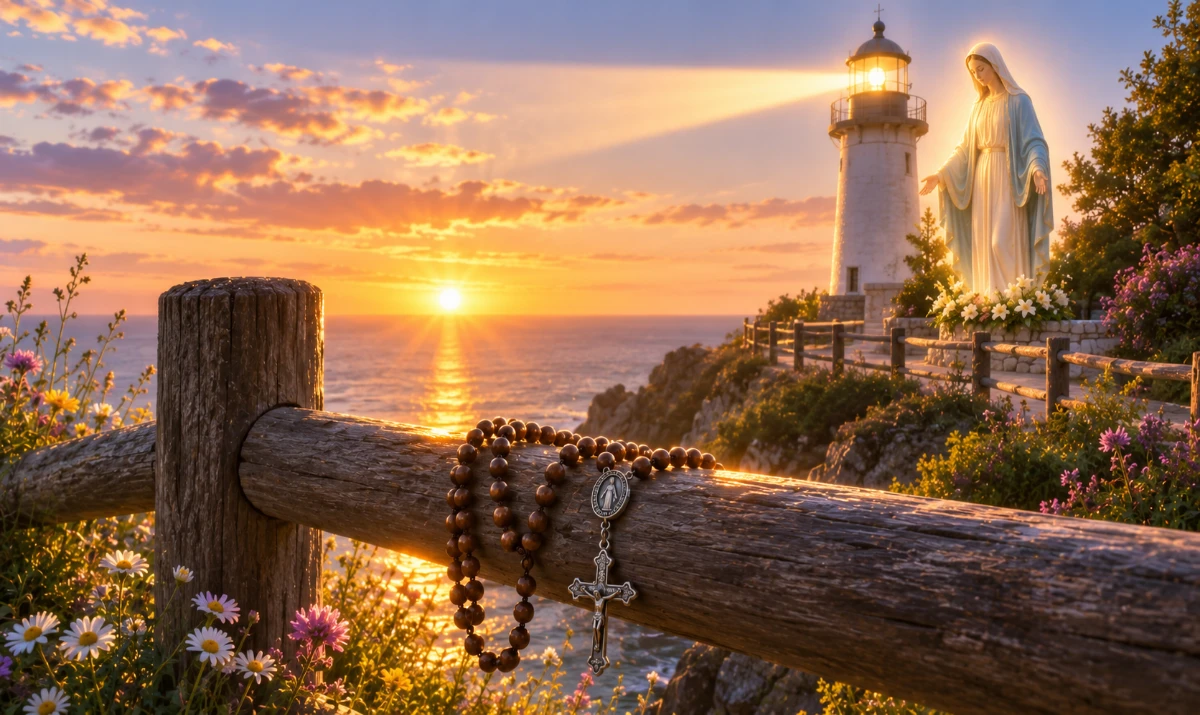 Oración a María, Madre de la Esperanza. Una escena completamente nueva: un antiguo faro blanco sobre un acantilado al amanecer. La luz del faro permanece encendida mientras el sol comienza a salir sobre el mar tranquilo. En primer plano, un rosario cuelga de una sencilla barandilla de madera. Muy sutilmente, la luz del faro adopta la forma de un manto que recuerda la presencia maternal de María. Ambiente de inmensa paz, horizonte abierto y esperanza renovada.