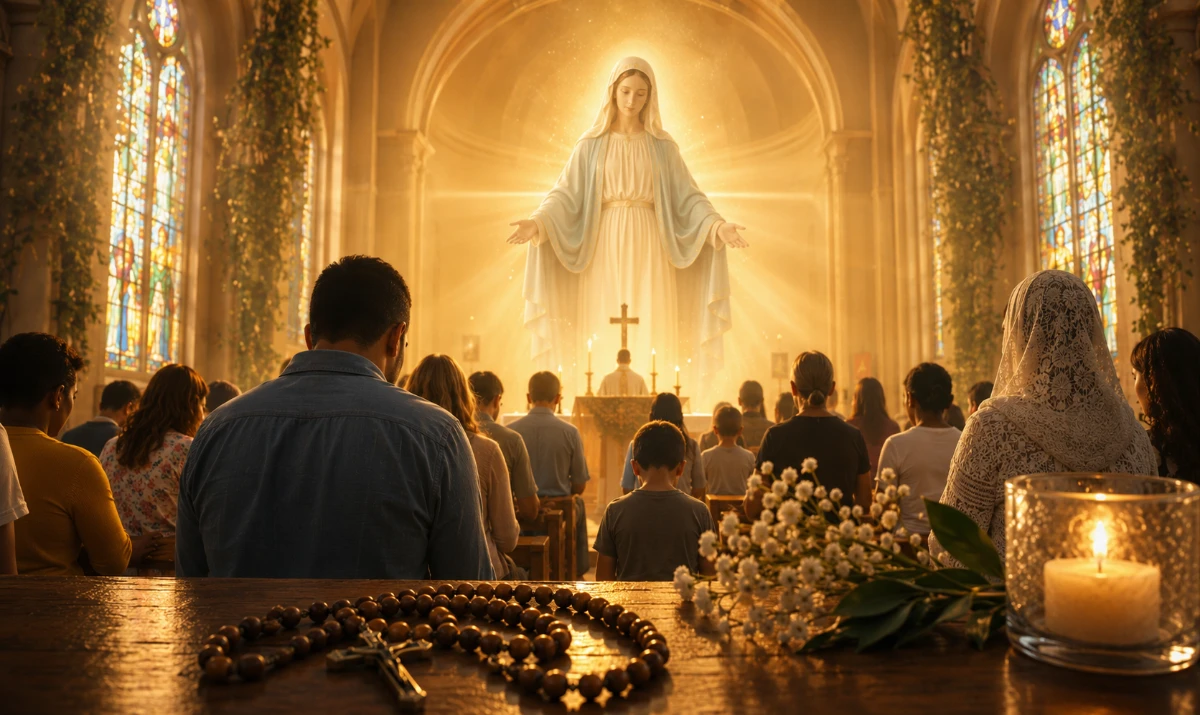 Oración a María, Madre de la Iglesia. Escena muy mariana y diferente: el interior luminoso de una iglesia sencilla al amanecer. Los primeros rayos de sol atraviesan las vidrieras formando un gran resplandor sobre el suelo. En primer plano, un rosario descansa sobre un banco de madera. Al fondo, varias personas de distintas edades y culturas rezan en silencio. Detrás de ellas, muy suavemente sugerida por la luz, aparece la silueta maternal de la Virgen María con los brazos abiertos acogiendo a toda la Iglesia. Ambiente de unidad, paz y esperanza.