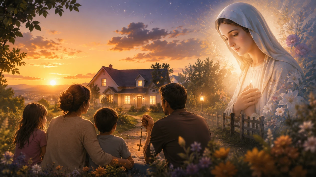 Oración a la Virgen María para encontrar el hogar definitivo. Una familia contemplando desde un camino una vivienda sencilla iluminada por una luz cálida al atardecer. Uno de los adultos sostiene discretamente un rosario. La presencia de la Virgen María aparece de forma muy sutil y luminosa al fondo, como acompañamiento y protección. Ambiente realista suave, sereno y esperanzador.