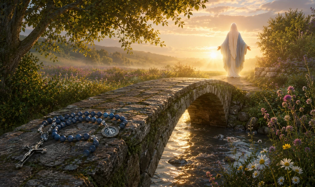 Oración a María, Madre de la Divina Gracia. Una escena totalmente distinta: un pequeño puente de piedra sobre un arroyo de aguas tranquilas al amanecer. En el centro del puente hay un rosario cuidadosamente apoyado. Al otro lado, una figura femenina vestida de azul y blanco, apenas insinuada por la luz, invita con un gesto sereno a cruzar. El paisaje está lleno de vegetación fresca y flores silvestres iluminadas por la primera luz del día. Ambiente de gracia, confianza y paso hacia una vida nueva.