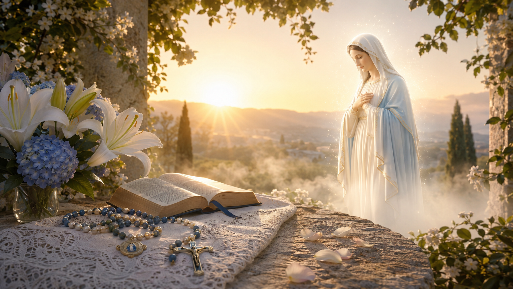 Oración a María, Santa Virgen de las vírgenes. Una escena muy luminosa y contemplativa: un jardín al amanecer con lirios blancos en primer plano. Sobre una sencilla mesa de piedra descansan un rosario y una Biblia abierta. Al fondo, entre una suave bruma dorada, se insinúa delicadamente la figura de la Virgen María vestida de blanco y azul, con las manos unidas en oración. Todo transmite pureza, serenidad y cercanía.