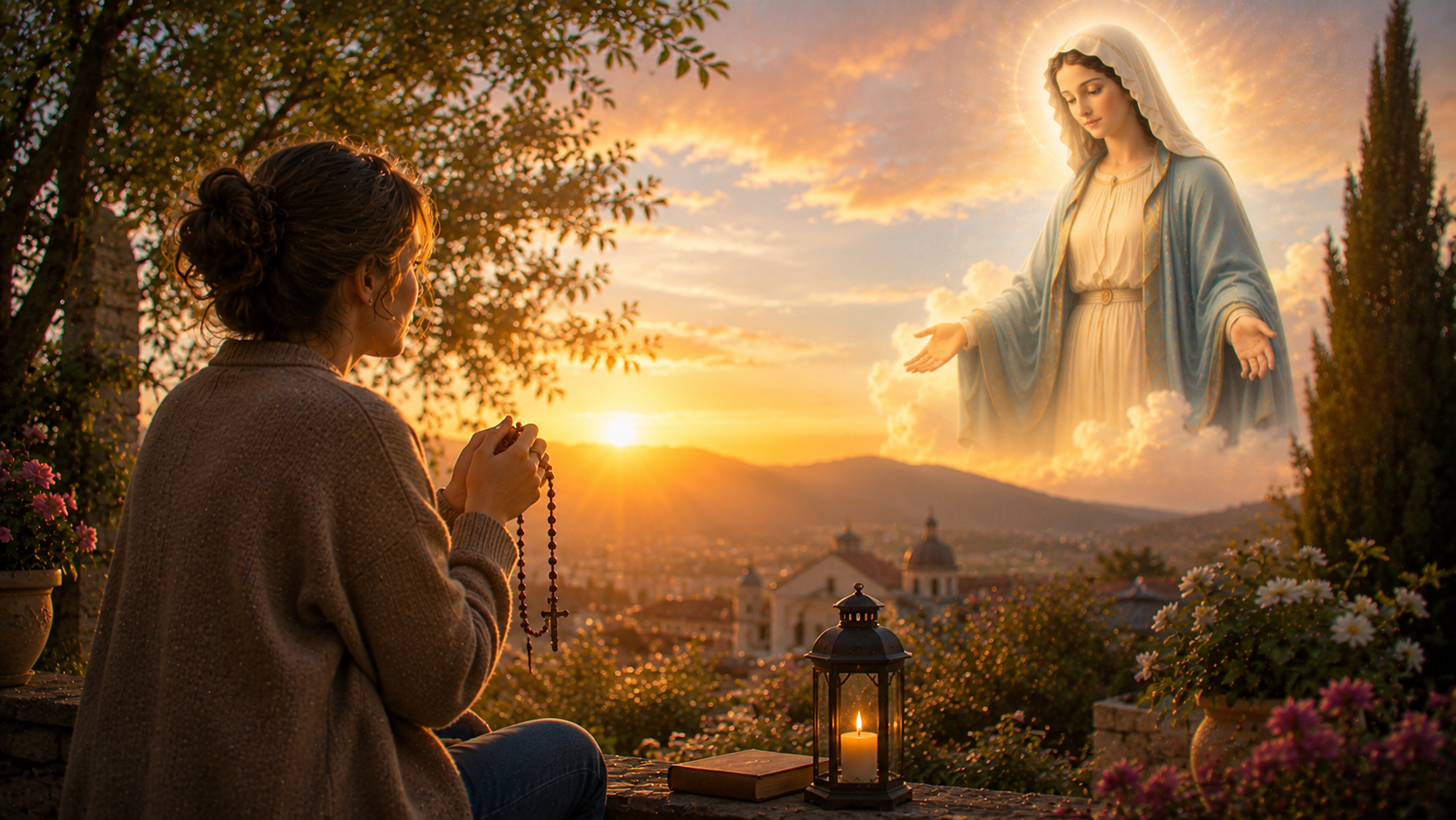 Oración a María, Santa Madre de Dios. Escena ilustrada cálida al amanecer en una plaza tranquila o jardín lleno de flores. Una persona sentada en un banco con un rosario entre las manos contempla la salida del sol. María aparece de forma luminosa y maternal en la distancia, rodeada de una suave luz dorada. Ambiente de paz, confianza y cercanía.