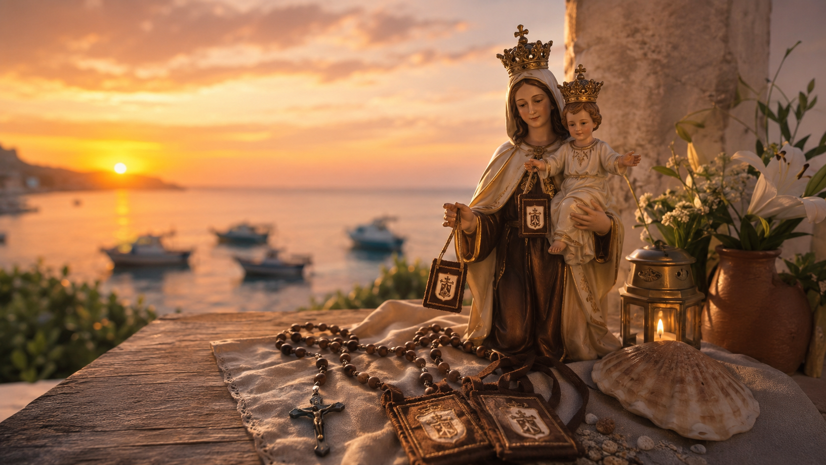 Oración a Nuestra Señora del Carmen. Escena luminosa y mariana: una pequeña imagen de la Virgen del Carmen sobre una mesa sencilla junto a un rosario y un escapulario. Al fondo, luz dorada del amanecer entrando por una ventana abierta. Ambiente de hogar, protección, confianza y cercanía.