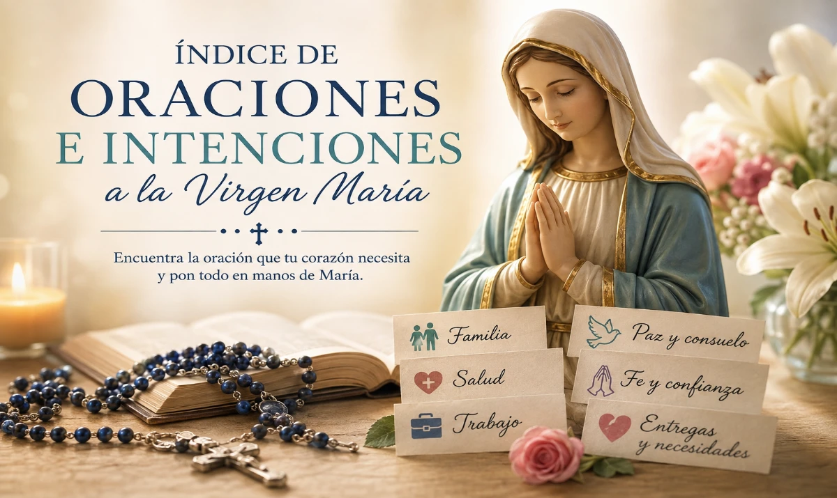 Virgen María junto a un rosario y distintas intenciones de oración por la familia, la salud, el trabajo, la paz y la fe.