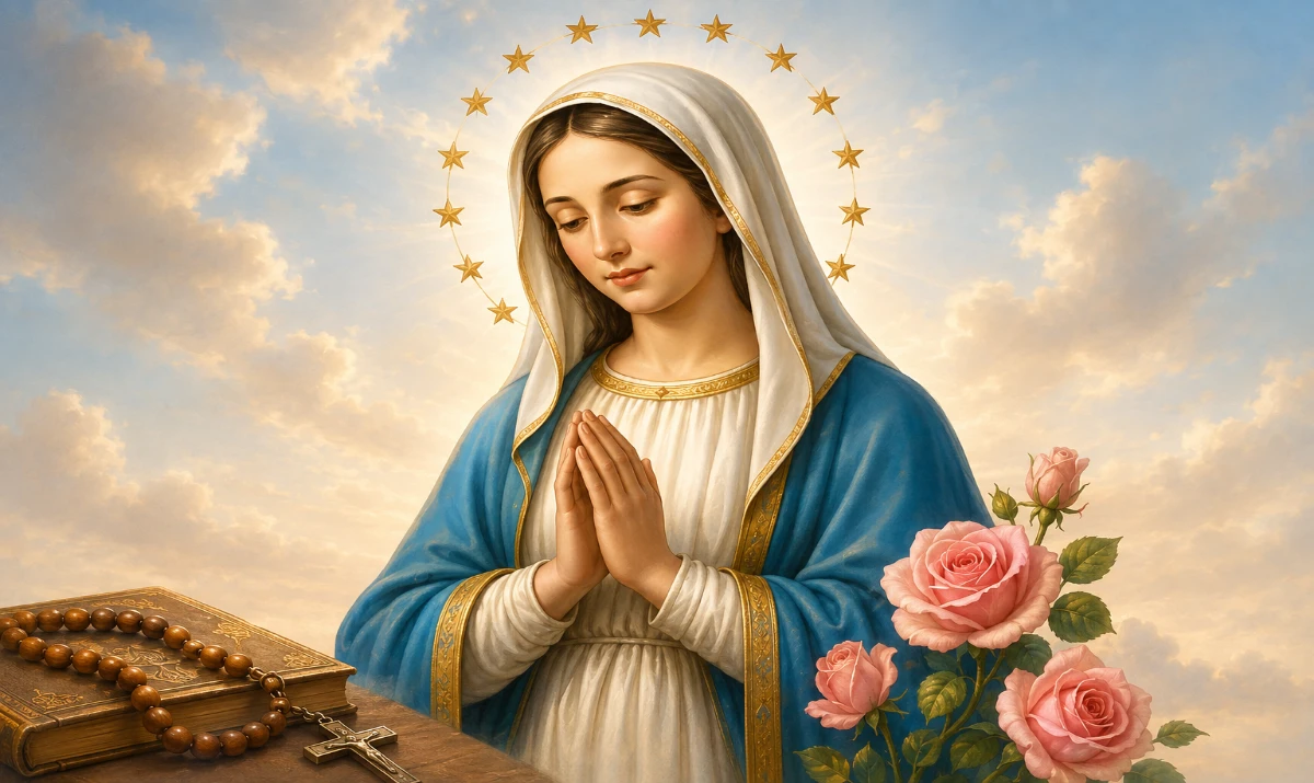 La Virgen María en actitud de oración, rodeada de flores y un rosario, simbolizando las Letanias Lauretanas y las diversas invocaciones marianas. Ideal para representar esta oración al final del Santo Rosario. Letanías a la Virgen María Letanías del Rosario Letanías Lauretanas completas Letanías de la Virgen Rezar Letanías Lauretanas