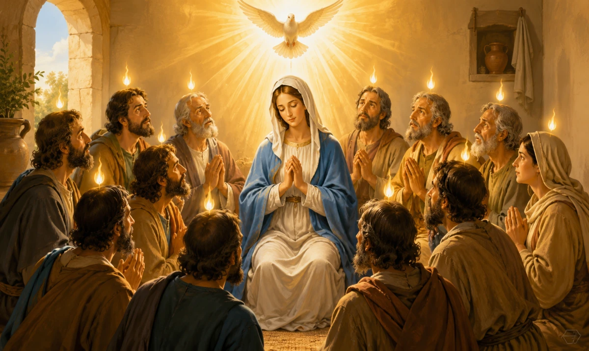 María, Madre de la Iglesia: significado y Madre nuestra. Virgen María junto a los apóstoles representada como Madre de la Iglesia, reunida con la comunidad cristiana en oración.