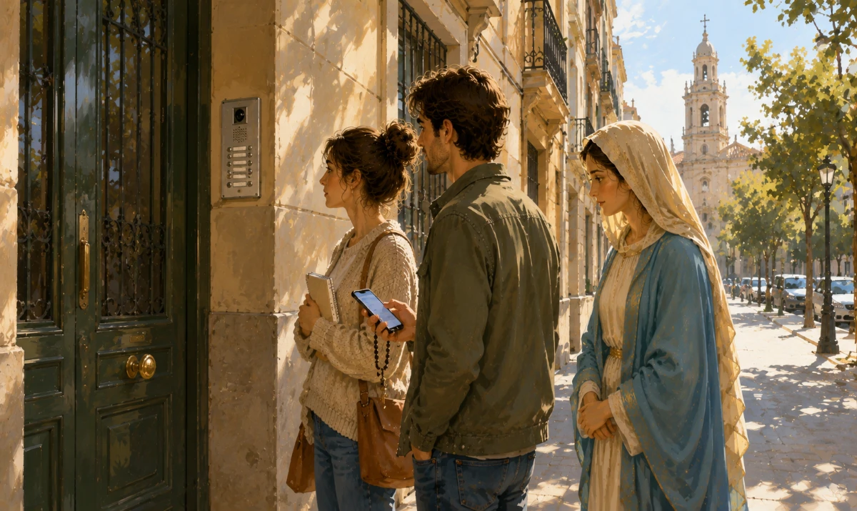 Visitar una vivienda acompañado por María durante la búsqueda de hogar. Una escena distinta a las ilustraciones anteriores y situada justo en el instante previo a una visita. Exterior de un edificio de viviendas de una ciudad española durante una mañana luminosa. Una pareja está delante del portal esperando a que les abran después de haber llamado al telefonillo. Uno sostiene discretamente el móvil con la dirección de la cita y el otro lleva una pequeña libreta; sus expresiones muestran una mezcla contenida de ilusión, curiosidad y prudencia. María está junto a ellos, ligeramente detrás, caminando con naturalidad y cercanía, maternal y reconociblemente mariana, sin señalar el portal, sin llevar llaves y sin indicar que esa vaya a ser su vivienda. En la mano de una de las personas puede verse discretamente un pequeño rosario. La puerta del edificio permanece todavía cerrada, reforzando la idea de que solo van a conocer una posibilidad, no de que hayan encontrado su hogar. Al fondo, integrada en la calle urbana y sin protagonismo, puede distinguirse una pequeña cruz en el campanario de una iglesia. La imagen debe transmitir el comienzo de una visita, compañía, serenidad y discernimiento. Ilustración artística, claramente ilustrada y no fotográfica, ambiente urbano español contemporáneo, colores luminosos