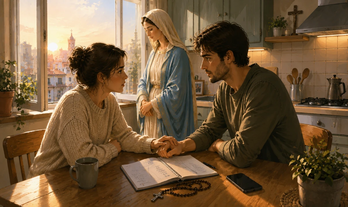 Decidir una vivienda sin miedo acompañado por María. Una escena completamente distinta a las anteriores, centrada en el instante íntimo de tomar una decisión. Interior de una cocina familiar sencilla al amanecer. Una pareja está sentada frente a frente en una mesa, hablando con serenidad después de haber visitado una vivienda. Entre ambos hay una libreta abierta con algunas cifras y dos columnas sencillas, un teléfono móvil apartado y un rosario descansando sobre la mesa. No aparecen llaves, contratos firmados ni fotografías de una casa concreta. María está de pie junto a una ventana abierta, ligeramente apartada de la conversación, maternal y serena, acompañando sin señalar ninguna opción ni intervenir en la decisión. Uno de los miembros de la pareja tiene una mano apoyada sobre la mesa y el otro la acerca suavemente, transmitiendo unión familiar frente al miedo. La luz del amanecer entra desde la ventana como símbolo de serenidad, no como señal sobrenatural. En una pequeña repisa puede verse discretamente un crucifijo, recordando que María conduce hacia Jesús. La escena debe expresar incertidumbre real, diálogo, responsabilidad, unión y una paz que empieza a abrirse paso en medio del miedo. Ilustración artística
