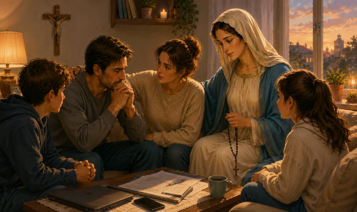 Oración a María para permanecer unidos durante la búsqueda de vivienda. Una escena familiar distinta de las anteriores, situada en un salón sencillo al final de la tarde. Sobre una mesa baja hay un portátil cerrado, unas hojas con anotaciones y un teléfono, señal de que la búsqueda de vivienda se ha detenido por un momento. La familia está sentada formando un pequeño círculo y hablando entre sí: no todos muestran la misma expresión, uno parece cansado, otro escucha y otro acerca su mano con cariño, pero existe una sensación clara de reconciliación y unión. María está presente discretamente junto al grupo, no como protagonista aislada ni señalando una solución, sino inclinándose ligeramente hacia ellos con actitud maternal y sosteniendo un rosario. Al fondo, una pequeña imagen de Jesús o un crucifijo integra de forma natural la referencia a Cristo. La escena debe expresar que la verdadera preocupación en ese momento no es encontrar una casa, sino no perderse unos a otros durante la búsqueda. Ilustración artística, cálida, íntima