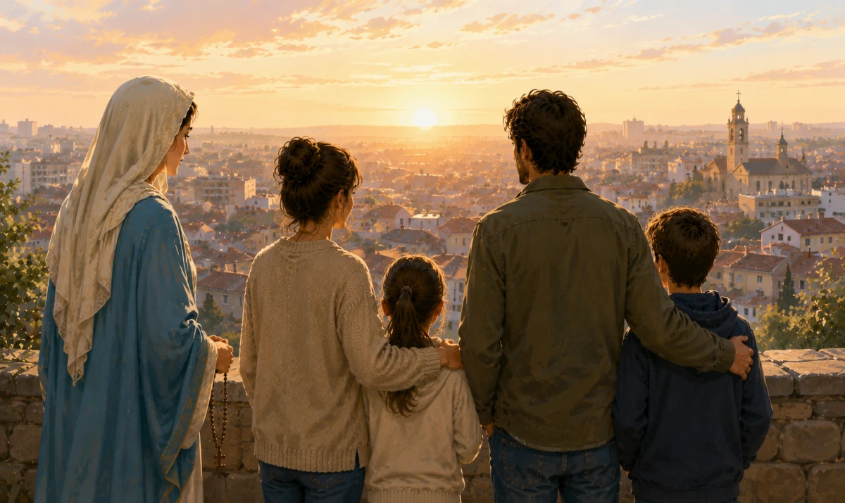 Oración a María por nuestro futuro hogar que todavía no conocemos. Una escena muy distinta de las anteriores, construida alrededor de lo desconocido y la esperanza. Al amanecer, una familia contempla desde un mirador urbano una ciudad extensa llena de edificios, tejados, calles y ventanas. No hay ninguna vivienda destacada ni señalada: entre todas ellas podría estar algún día su hogar, pero todavía no lo saben. La familia aparece de espaldas o ligeramente de perfil, junta pero sin gestos exagerados. María se encuentra junto a ellos, también mirando hacia la ciudad, con un rosario entre las manos y una actitud maternal serena; no señala ninguna casa ni entrega llaves. La primera luz del día comienza a iluminar los tejados, simbolizando esperanza sin prometer un resultado. A lo lejos se distingue discretamente una iglesia con una cruz, recordando que María acompaña siempre hacia Jesucristo. La imagen debe transmitir amplitud, futuro, incertidumbre serena y confianza: muchas casas ante ellos, pero ninguna presentada como «la elegida». Ilustración artística, poética y claramente no fotográfica, con composición diferente a las anteriores, profundamente mariana