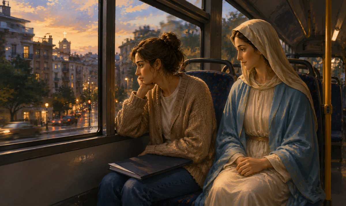 Miedo de no encontrar vivienda acompañado por María. Una imagen completamente distinta de las anteriores. Interior de un autobús urbano al caer la tarde. Una persona vuelve a casa después de haber visitado una vivienda y viaja sentada junto a la ventanilla, con una carpeta sencilla cerrada sobre las rodillas y expresión cansada y pensativa. Fuera se ven pasar edificios de viviendas, calles y luces de ciudad desenfocadas por el movimiento. En el asiento contiguo está María, cercana y serena, vestida de forma reconociblemente mariana pero sencilla, acompañando el trayecto sin señalar ningún edificio, sin llaves y sin prometer un destino. La persona mira hacia fuera mientras María dirige discretamente su mirada hacia ella, como una madre que permanece al lado cuando no hay respuestas. Al fondo, entre los edificios que pasan por la ventanilla, puede distinguirse muy sutilmente una cruz iluminada. La escena representa que todavía estamos de camino: no sabemos dónde estará el hogar, pero María acompaña y conduce hacia Jesucristo. Ilustración artística, claramente dibujada y no fotográfica, ambiente urbano contemporáneo, gama de azules, ocres y luces de atardecer.