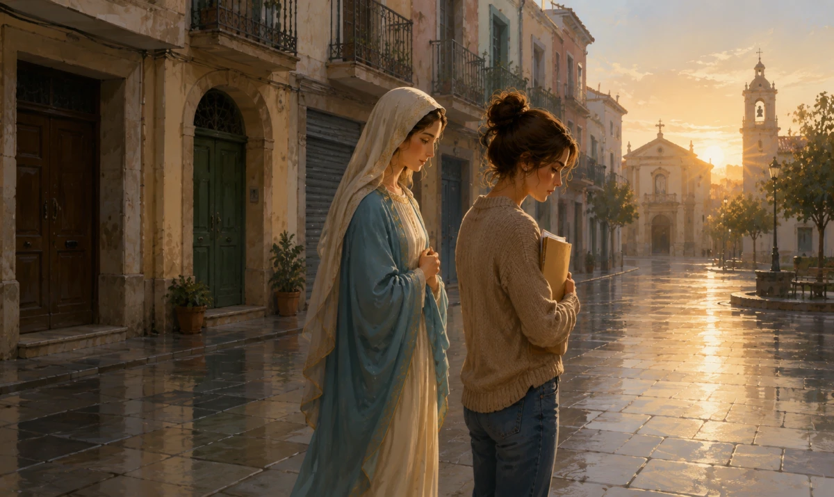 Buscar vivienda cuando todo parece cerrado acompañado por María. Una escena completamente distinta a las anteriores, construida alrededor de la sensación de no saber por dónde continuar. Una persona está de pie en una plaza urbana al amanecer, con una pequeña carpeta de viviendas cerrada entre las manos. A su alrededor se ven varios portales de edificios cotidianos, todos discretamente cerrados, pero sin exagerar el simbolismo ni convertirlos en puertas oscuras o amenazantes. La persona no golpea ninguna puerta: simplemente se ha detenido, cansada y pensativa. María está a su lado, ligeramente más atrás, cercana y maternal, sin señalar ningún edificio, sin mostrar llaves y sin indicar cuál será el camino. Su presencia transmite compañía. Al fondo de la plaza comienza a entrar la luz de la mañana y se distingue discretamente una iglesia o una cruz, como referencia a Jesucristo. La escena no debe sugerir que una puerta concreta vaya a abrirse, sino que incluso cuando no vemos una salida podemos seguir acompañados. Ilustración artística, cálida, claramente ilustrada y no fotográfica, profundamente mariana
